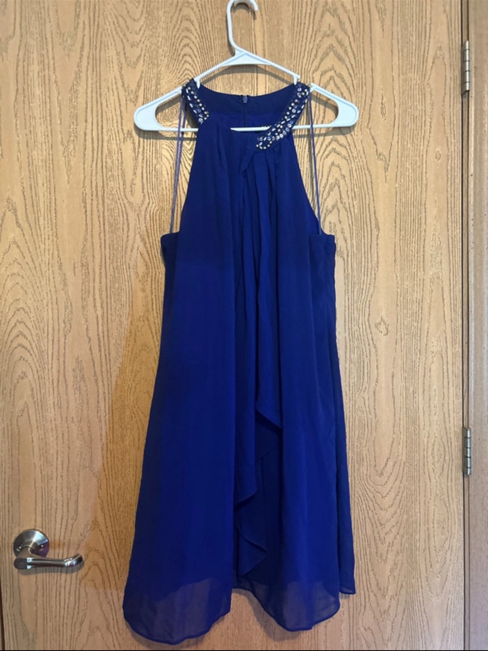 SLNY Beaded Halter High-Low Dress